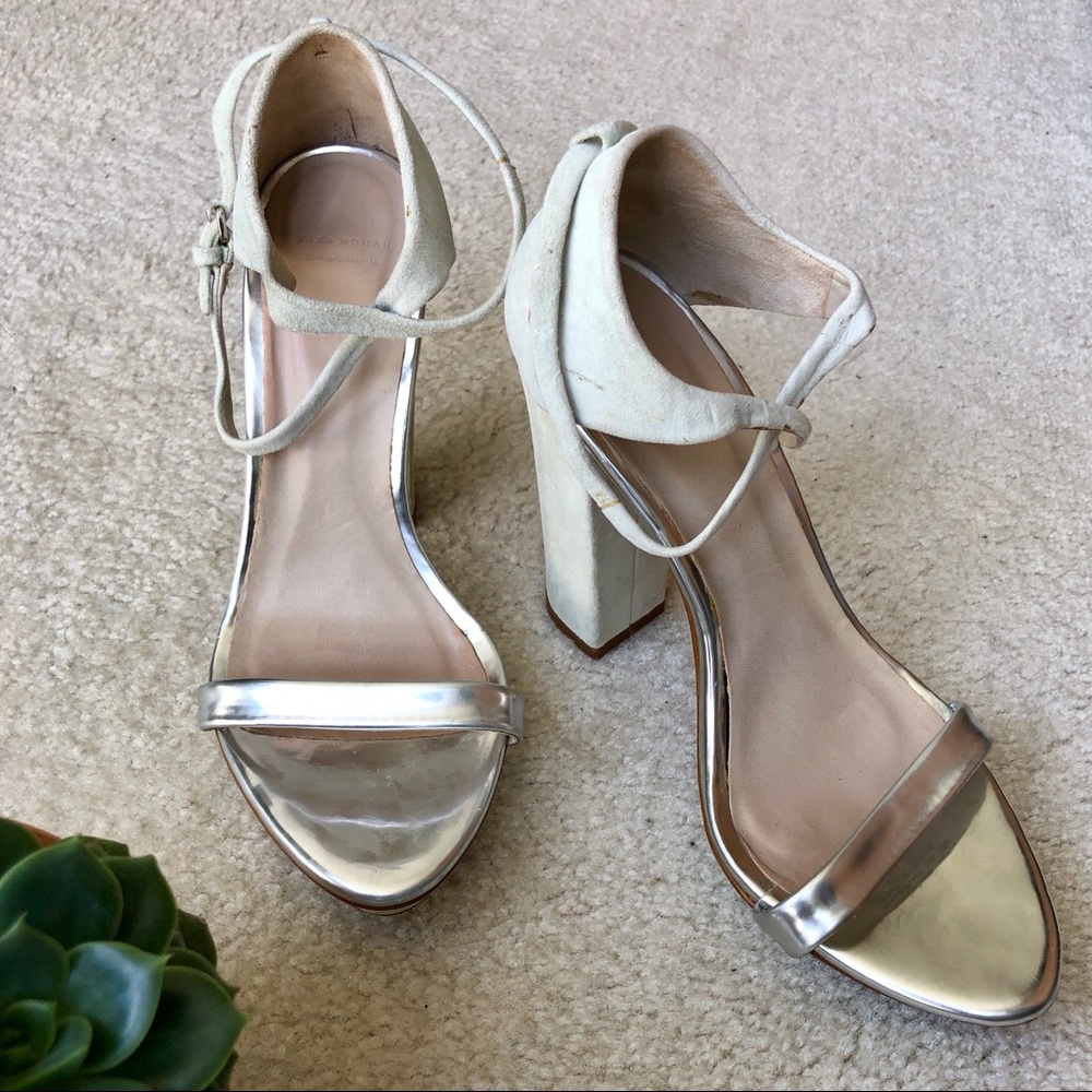 Zara Silver Metallic Mint Suede Strap High Heels